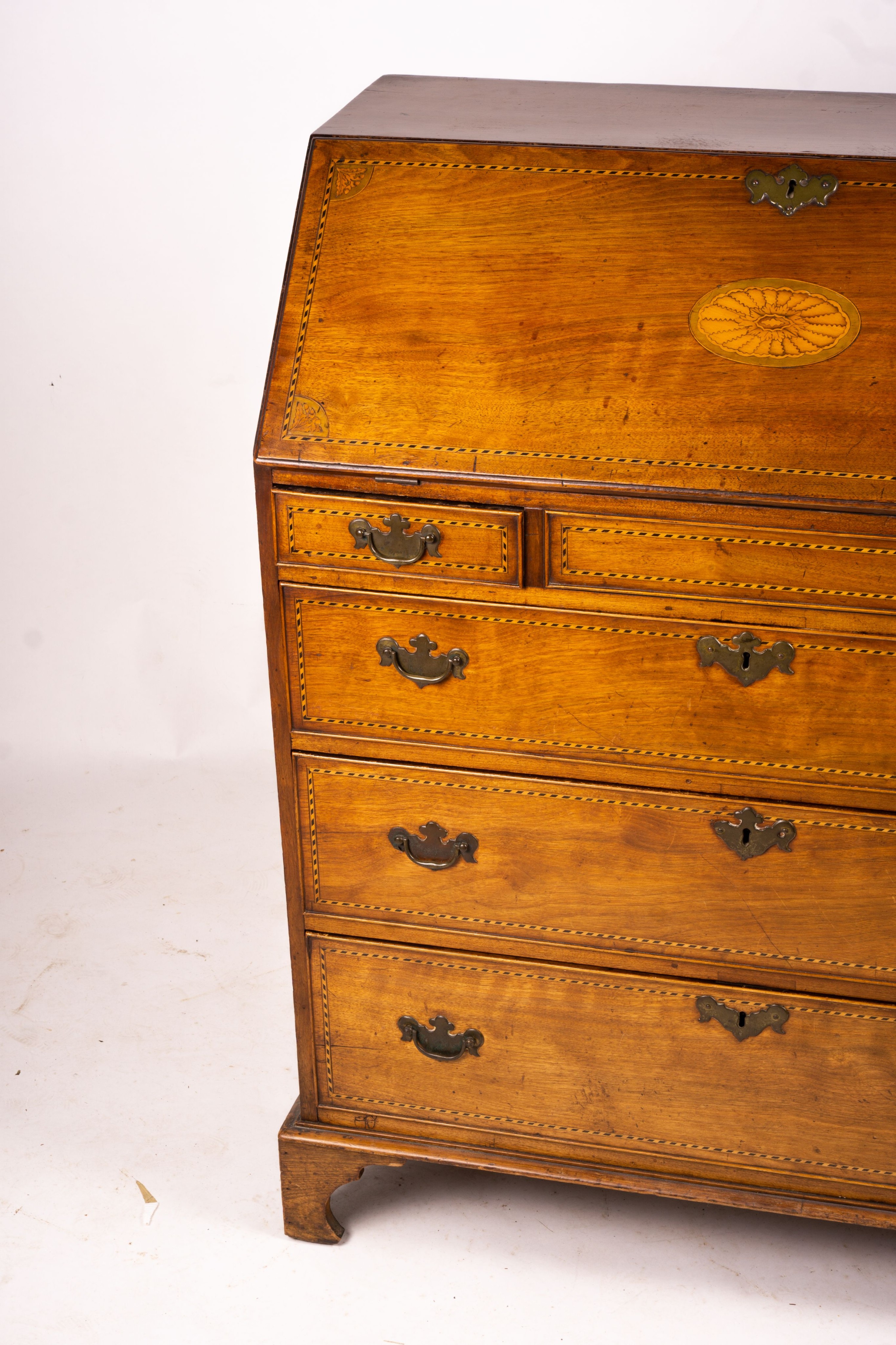 A George III inlaid mahogany bureau, width 88cm, depth 45cm, height 108cm